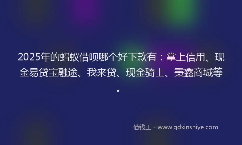 2025年的蚂蚁借呗哪个好下款有：掌上信用、现金易贷宝融途、我来贷、现金骑士、秉鑫商城等。