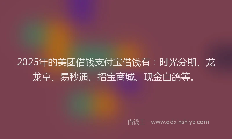 2025年的美团借钱支付宝借钱有：时光分期、龙龙享、易秒通、招宝商城、现金白鸽等。