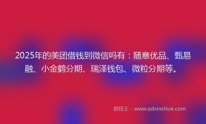 2025年的美团借钱到微信吗有：随意优品、甄易融、小金鹤分期、瑞泽钱包、微粒分期等。
