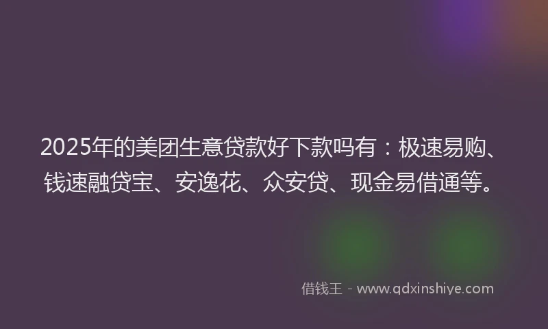 2025年的美团生意贷款好下款吗有：极速易购、钱速融贷宝、安逸花、众安贷、现金易借通等。