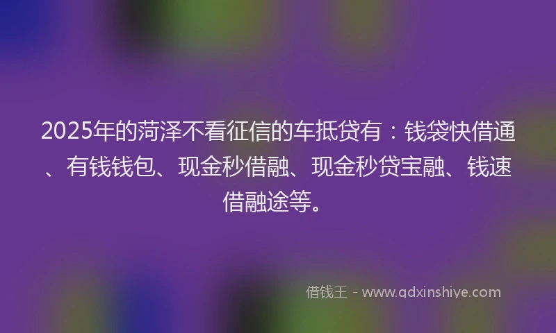 2025年的菏泽不看征信的车抵贷有：钱袋快借通、有钱钱包、现金秒借融、现金秒贷宝融、钱速借融途等。