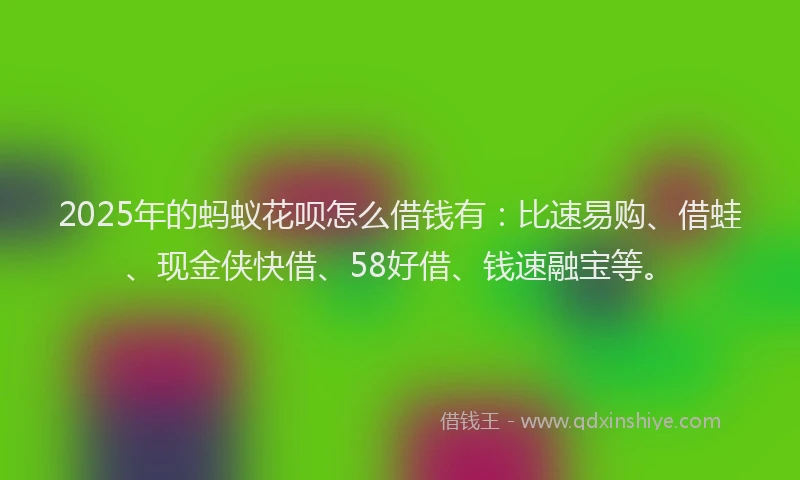 2025年的蚂蚁花呗怎么借钱有：比速易购、借蛙、现金侠快借、58好借、钱速融宝等。