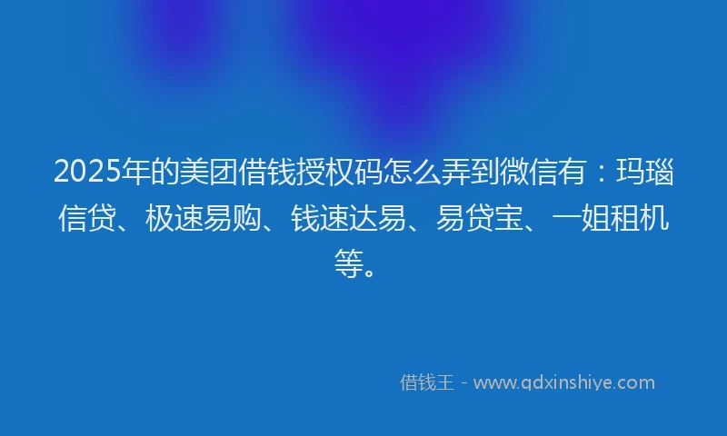 2025年的美团借钱授权码怎么弄到微信有：玛瑙信贷、极速易购、钱速达易、易贷宝、一姐租机等。