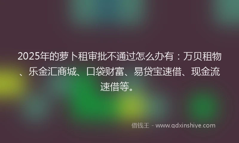 2025年的萝卜租审批不通过怎么办有：万贝租物、乐金汇商城、口袋财富、易贷宝速借、现金流速借等。
