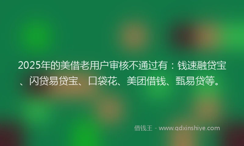 2025年的美借老用户审核不通过有：钱速融贷宝、闪贷易贷宝、口袋花、美团借钱、甄易贷等。
