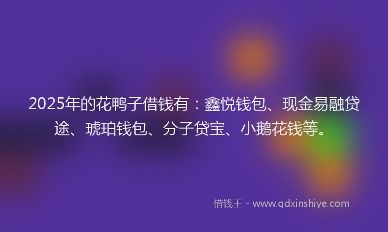 2025年的花鸭子借钱有：鑫悦钱包、现金易融贷途、琥珀钱包、分子贷宝、小鹅花钱等。