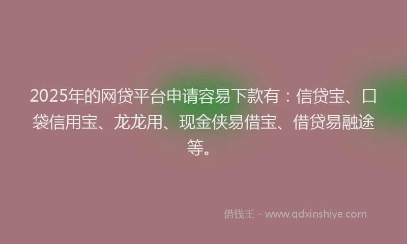2025年的网贷平台申请容易下款有：信贷宝、口袋信用宝、龙龙用、现金侠易借宝、借贷易融途等。