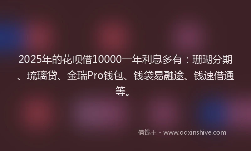 2025年的花呗借10000一年利息多有：珊瑚分期、琉璃贷、金瑞Pro钱包、钱袋易融途、钱速借通等。