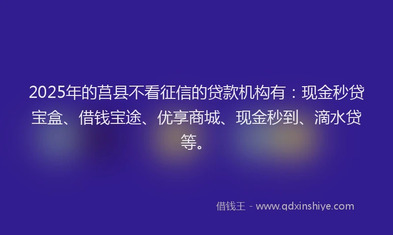 2025年的莒县不看征信的贷款机构有：现金秒贷宝盒、借钱宝途、优享商城、现金秒到、滴水贷等。