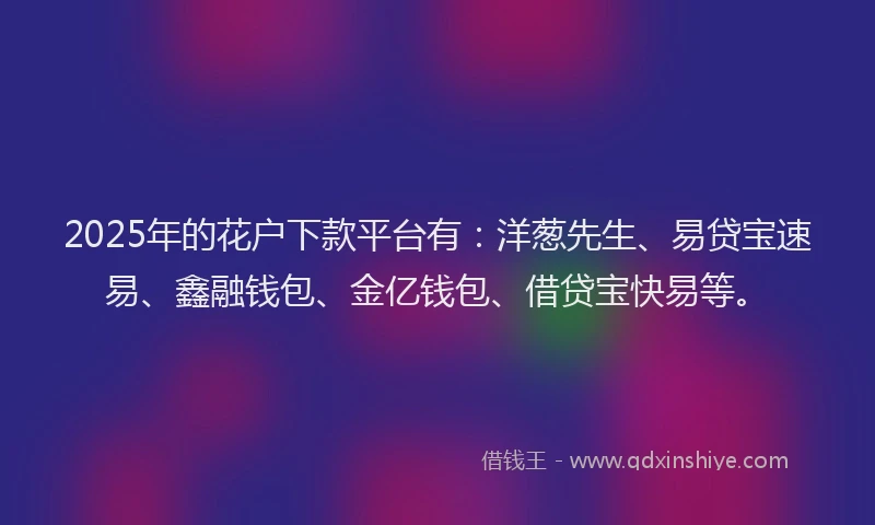 2025年的花户下款平台有：洋葱先生、易贷宝速易、鑫融钱包、金亿钱包、借贷宝快易等。