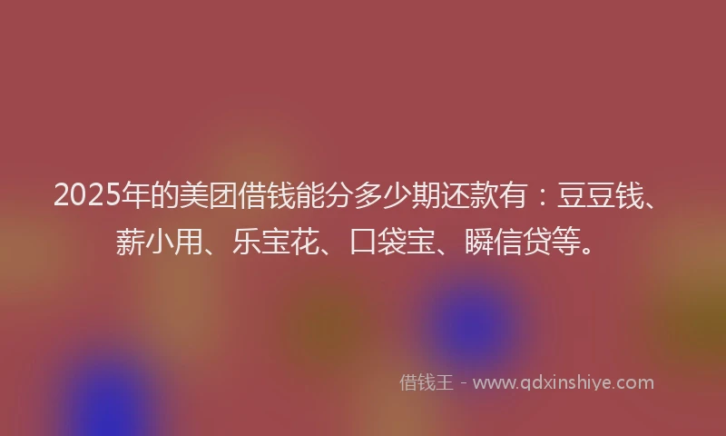 2025年的美团借钱能分多少期还款有：豆豆钱、薪小用、乐宝花、口袋宝、瞬信贷等。