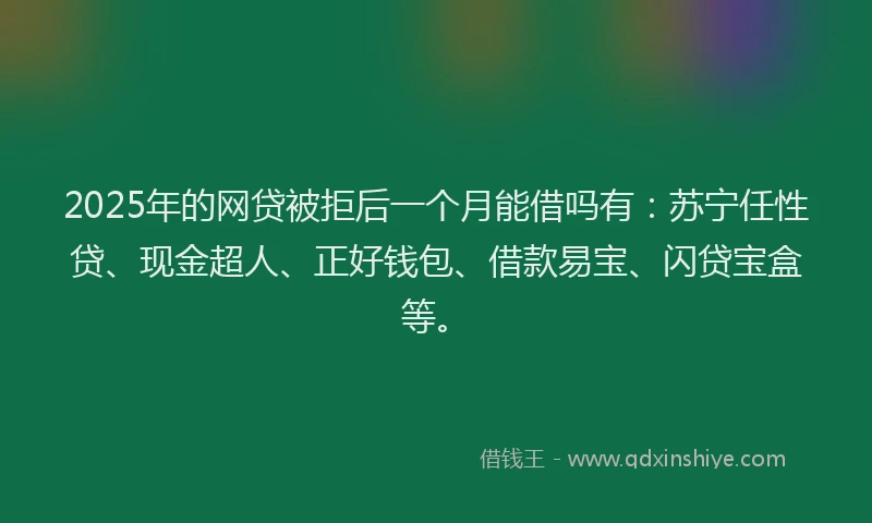 2025年的网贷被拒后一个月能借吗有：苏宁任性贷、现金超人、正好钱包、借款易宝、闪贷宝盒等。