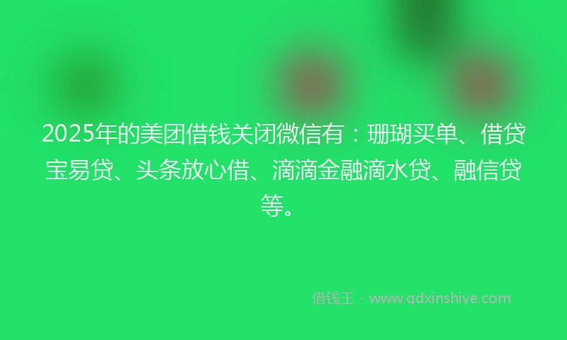 2025年的美团借钱关闭微信有：珊瑚买单、借贷宝易贷、头条放心借、滴滴金融滴水贷、融信贷等。