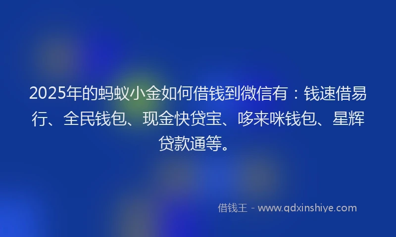 2025年的蚂蚁小金如何借钱到微信有：钱速借易行、全民钱包、现金快贷宝、哆来咪钱包、星辉贷款通等。
