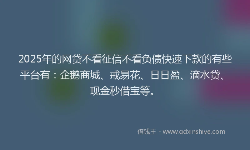 2025年的网贷不看征信不看负债快速下款的有些平台有：企鹅商城、戒易花、日日盈、滴水贷、现金秒借宝等。