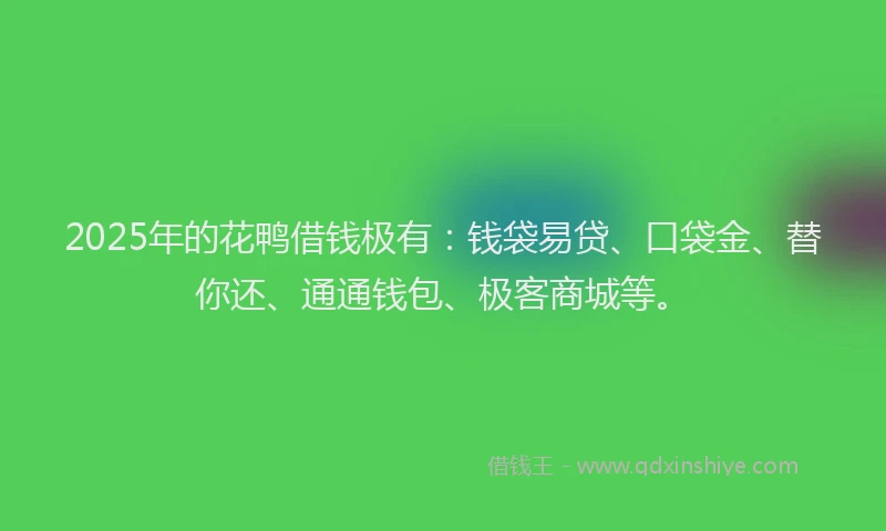 2025年的花鸭借钱极有：钱袋易贷、口袋金、替你还、通通钱包、极客商城等。