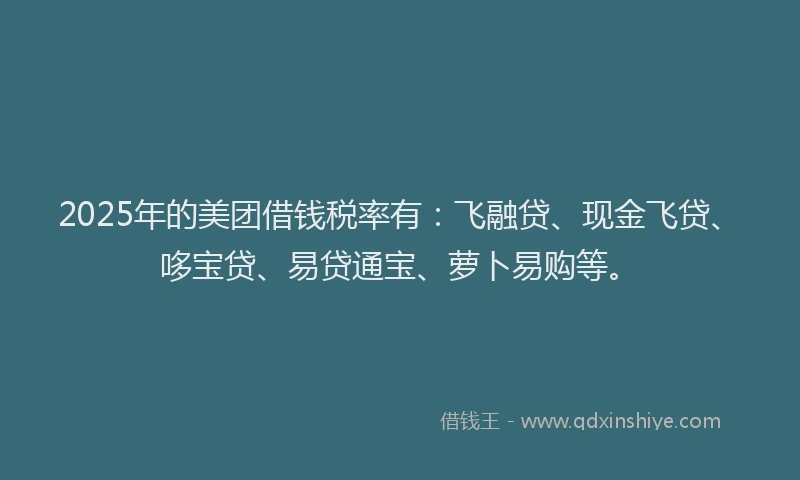 2025年的美团借钱税率有：飞融贷、现金飞贷、哆宝贷、易贷通宝、萝卜易购等。