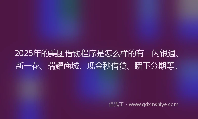 2025年的美团借钱程序是怎么样的有：闪银通、新一花、瑞耀商城、现金秒借贷、瞬下分期等。