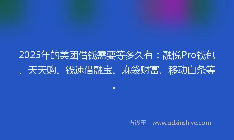 2025年的美团借钱需要等多久有：融悦Pro钱包、天天购、钱速借融宝、麻袋财富、移动白条等。