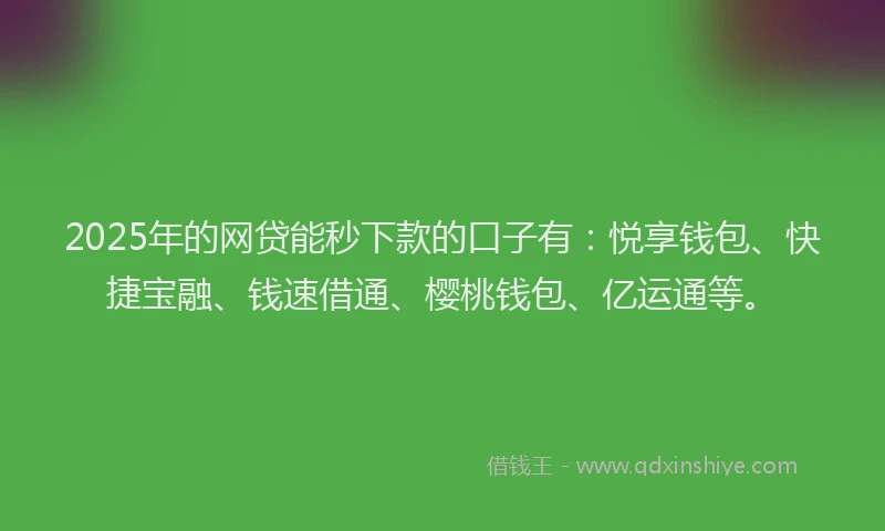 2025年的网贷能秒下款的口子有：悦享钱包、快捷宝融、钱速借通、樱桃钱包、亿运通等。