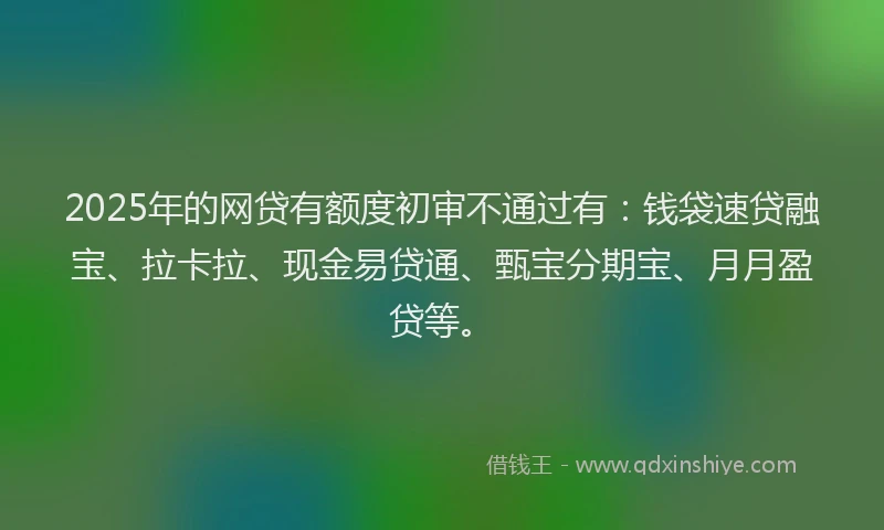 2025年的网贷有额度初审不通过有：钱袋速贷融宝、拉卡拉、现金易贷通、甄宝分期宝、月月盈贷等。