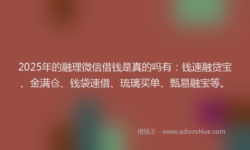 2025年的融理微信借钱是真的吗有：钱速融贷宝、金满仓、钱袋速借、琉璃买单、甄易融宝等。
