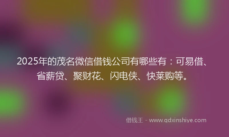 2025年的茂名微信借钱公司有哪些有：可易借、省薪贷、聚财花、闪电侠、快莱购等。