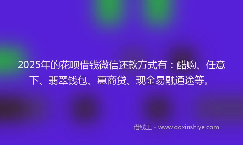 2025年的花呗借钱微信还款方式有：酷购、任意下、翡翠钱包、惠商贷、现金易融通途等。