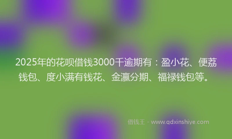 2025年的花呗借钱3000千逾期有：盈小花、便荔钱包、度小满有钱花、金瀛分期、福禄钱包等。