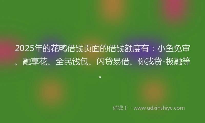 2025年的花鸭借钱页面的借钱额度有：小鱼免审、融享花、全民钱包、闪贷易借、你我贷-极融等。