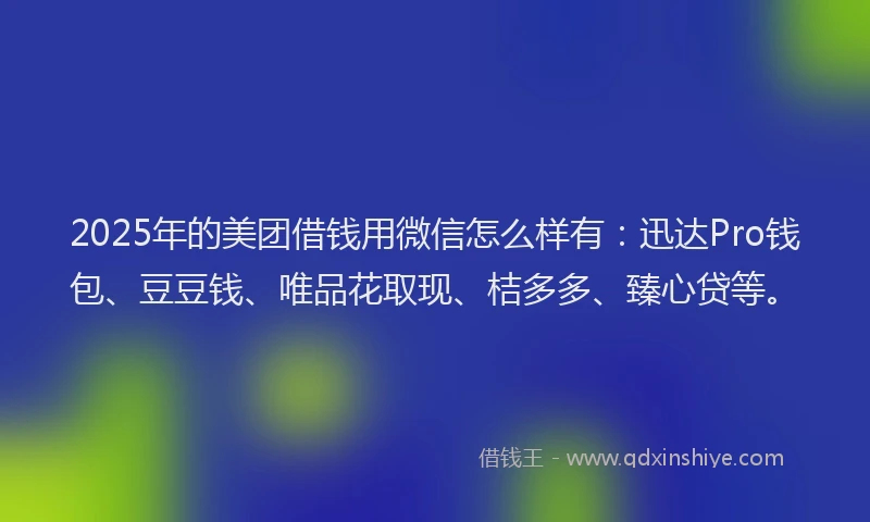 2025年的美团借钱用微信怎么样有：迅达Pro钱包、豆豆钱、唯品花取现、桔多多、臻心贷等。