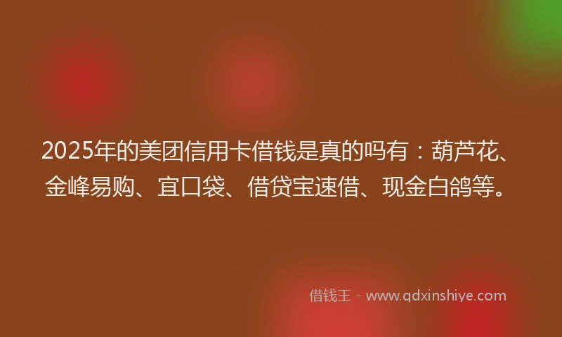 2025年的美团信用卡借钱是真的吗有：葫芦花、金峰易购、宜口袋、借贷宝速借、现金白鸽等。