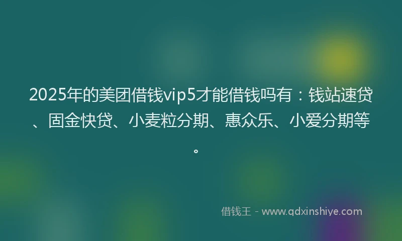 2025年的美团借钱vip5才能借钱吗有：钱站速贷、固金快贷、小麦粒分期、惠众乐、小爱分期等。