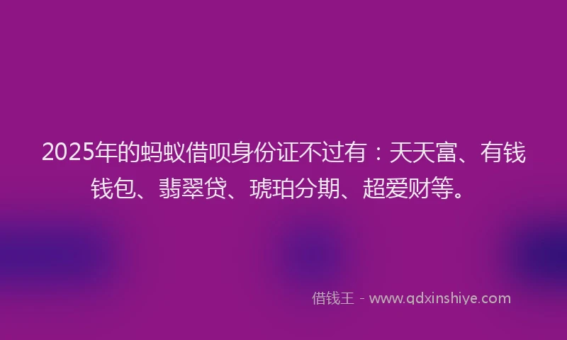 2025年的蚂蚁借呗身份证不过有：天天富、有钱钱包、翡翠贷、琥珀分期、超爱财等。