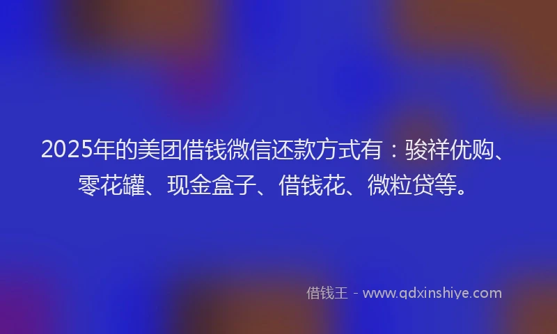2025年的美团借钱微信还款方式有：骏祥优购、零花罐、现金盒子、借钱花、微粒贷等。