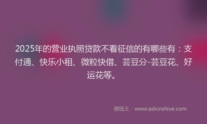 2025年的营业执照贷款不看征信的有哪些有：支付通、快乐小租、微粒快借、芸豆分-芸豆花、好运花等。