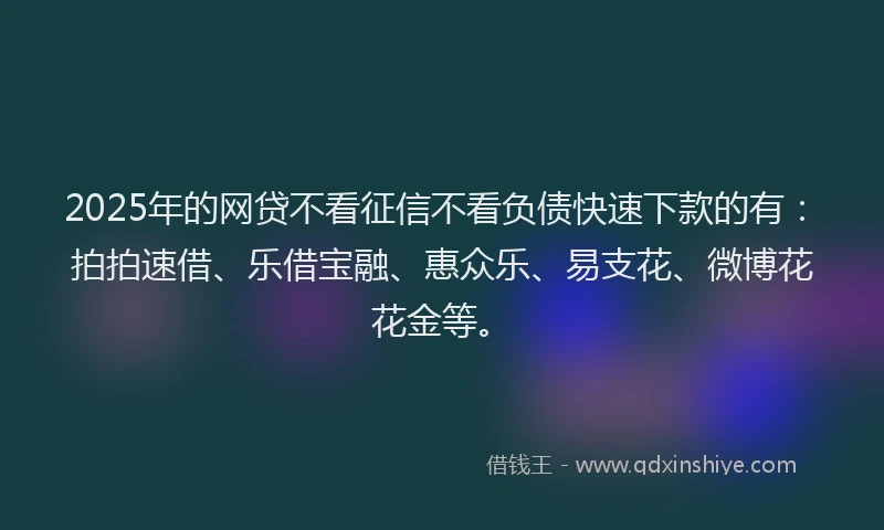 2025年的网贷不看征信不看负债快速下款的有：拍拍速借、乐借宝融、惠众乐、易支花、微博花花金等。
