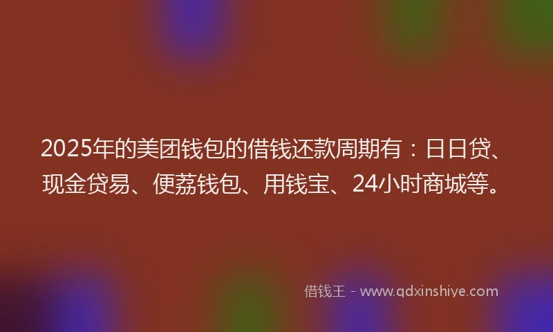 2025年的美团钱包的借钱还款周期有：日日贷、现金贷易、便荔钱包、用钱宝、24小时商城等。