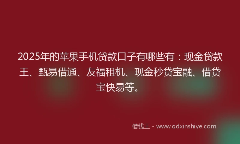2025年的苹果手机贷款口子有哪些有：现金贷款王、甄易借通、友福租机、现金秒贷宝融、借贷宝快易等。