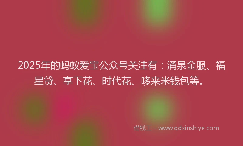 2025年的蚂蚁爱宝公众号关注有：涌泉金服、福星贷、享下花、时代花、哆来米钱包等。