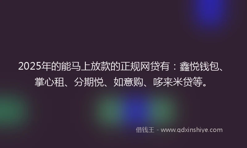2025年的能马上放款的正规网贷有：鑫悦钱包、掌心租、分期悦、如意购、哆来米贷等。