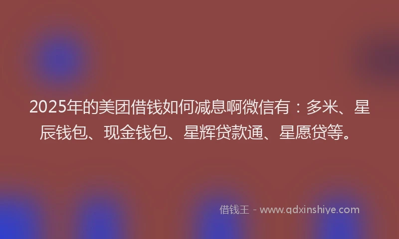 2025年的美团借钱如何减息啊微信有：多米、星辰钱包、现金钱包、星辉贷款通、星愿贷等。