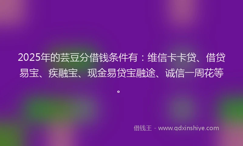 2025年的芸豆分借钱条件有：维信卡卡贷、借贷易宝、疾融宝、现金易贷宝融途、诚信一周花等。