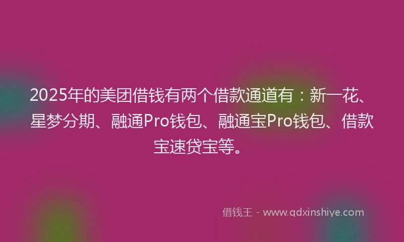 2025年的美团借钱有两个借款通道有：新一花、星梦分期、融通Pro钱包、融通宝Pro钱包、借款宝速贷宝等。