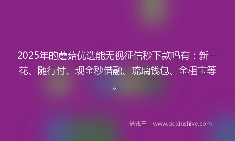 2025年的蘑菇优选能无视征信秒下款吗有：新一花、随行付、现金秒借融、琉璃钱包、金租宝等。