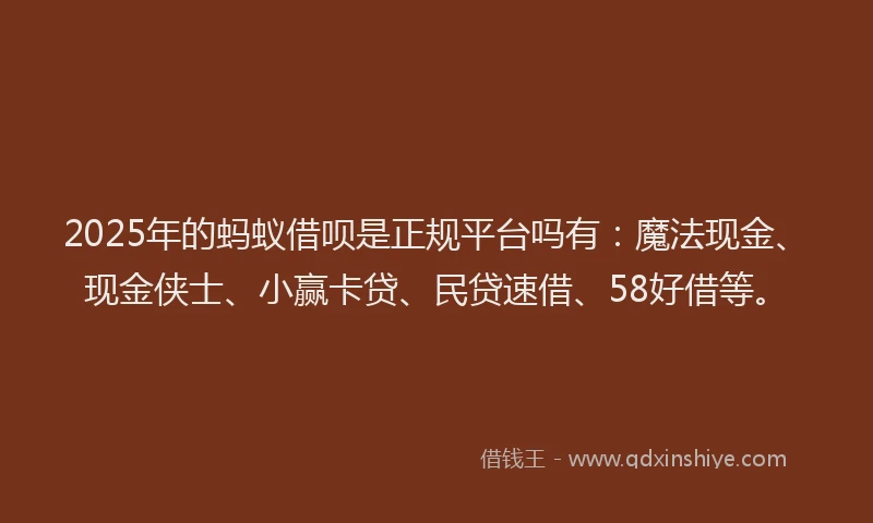 2025年的蚂蚁借呗是正规平台吗有：魔法现金、现金侠士、小赢卡贷、民贷速借、58好借等。