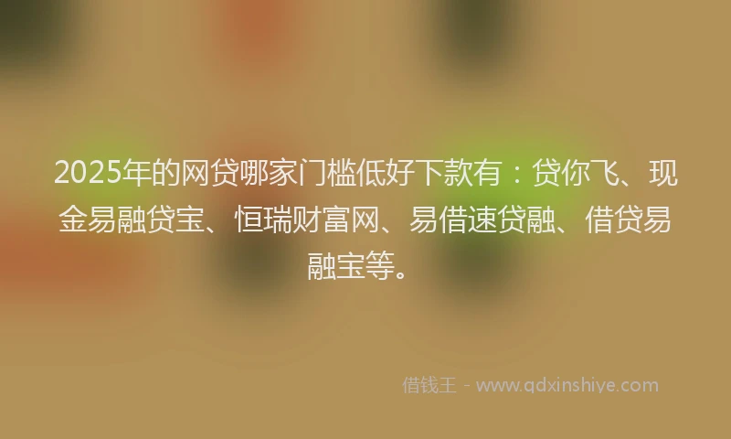 2025年的网贷哪家门槛低好下款有：贷你飞、现金易融贷宝、恒瑞财富网、易借速贷融、借贷易融宝等。
