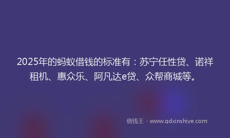 2025年的蚂蚁借钱的标准有：苏宁任性贷、诺祥租机、惠众乐、阿凡达e贷、众帮商城等。