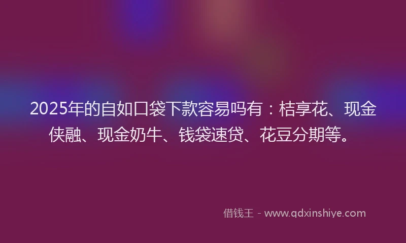 2025年的自如口袋下款容易吗有：桔享花、现金侠融、现金奶牛、钱袋速贷、花豆分期等。