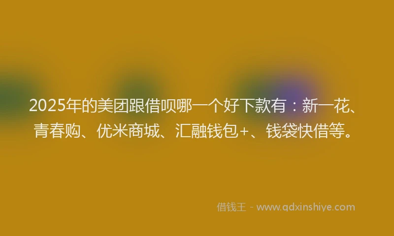 2025年的美团跟借呗哪一个好下款有：新一花、青春购、优米商城、汇融钱包+、钱袋快借等。